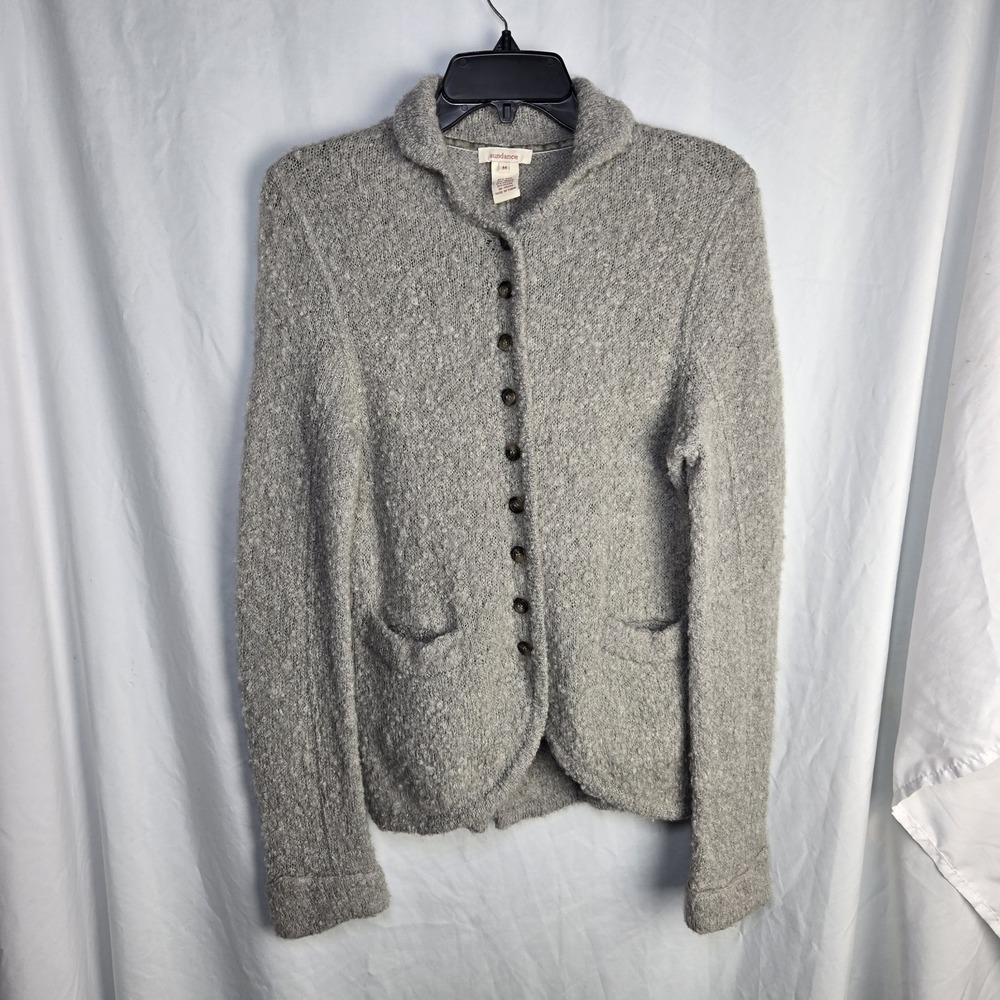 Sundance Textured Wool Mohair Cardigan Sweater Womens Medium Gray Neutral Cozy